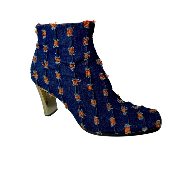 Milagros Stylish Blue Denim Orange Accents Gold Metallic Heel Ankle Boots Size 8 - Picture 1 of 13